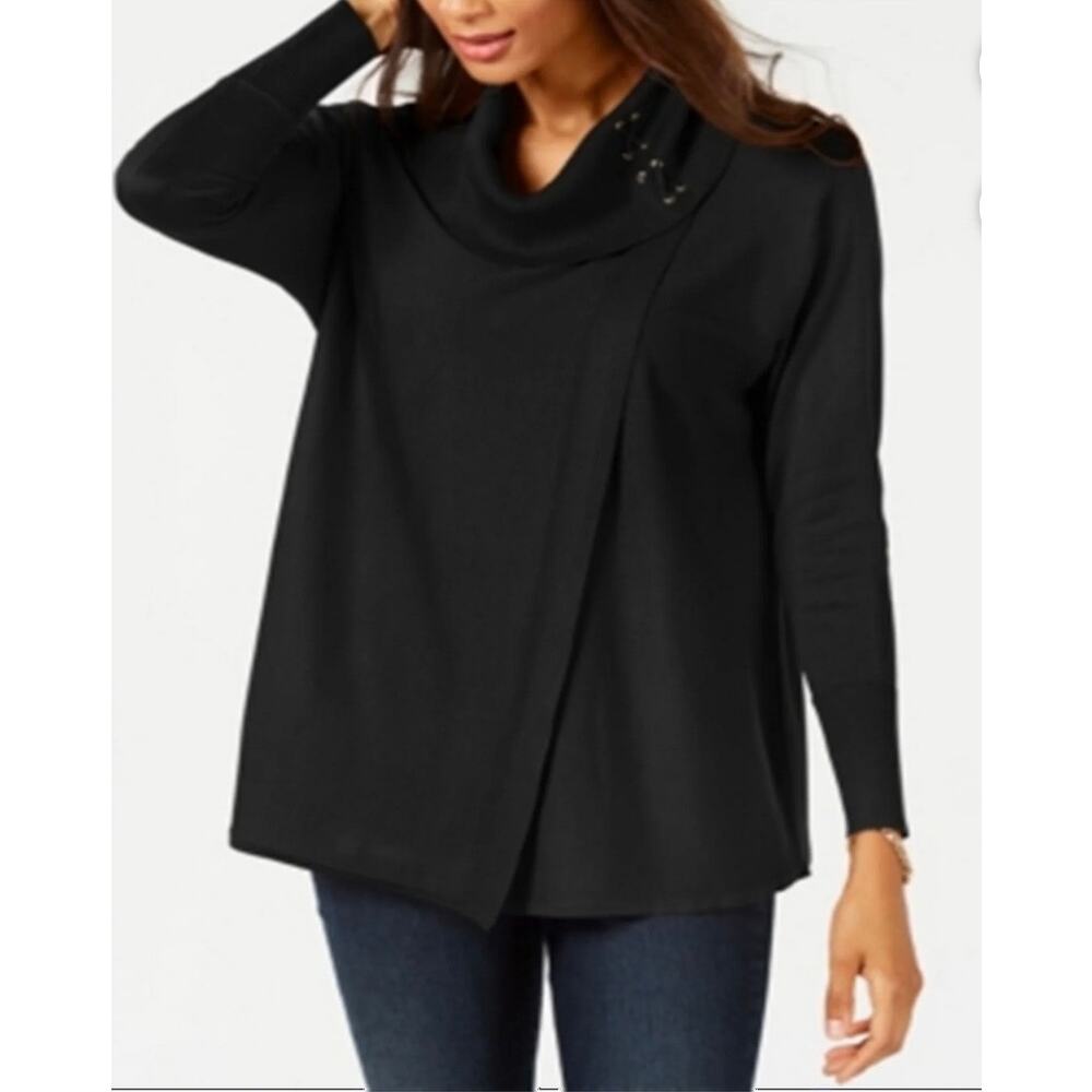 JM Collection Faux Wrap Cowl Neck Sweater Black Classic Flowy Long Womens Medium